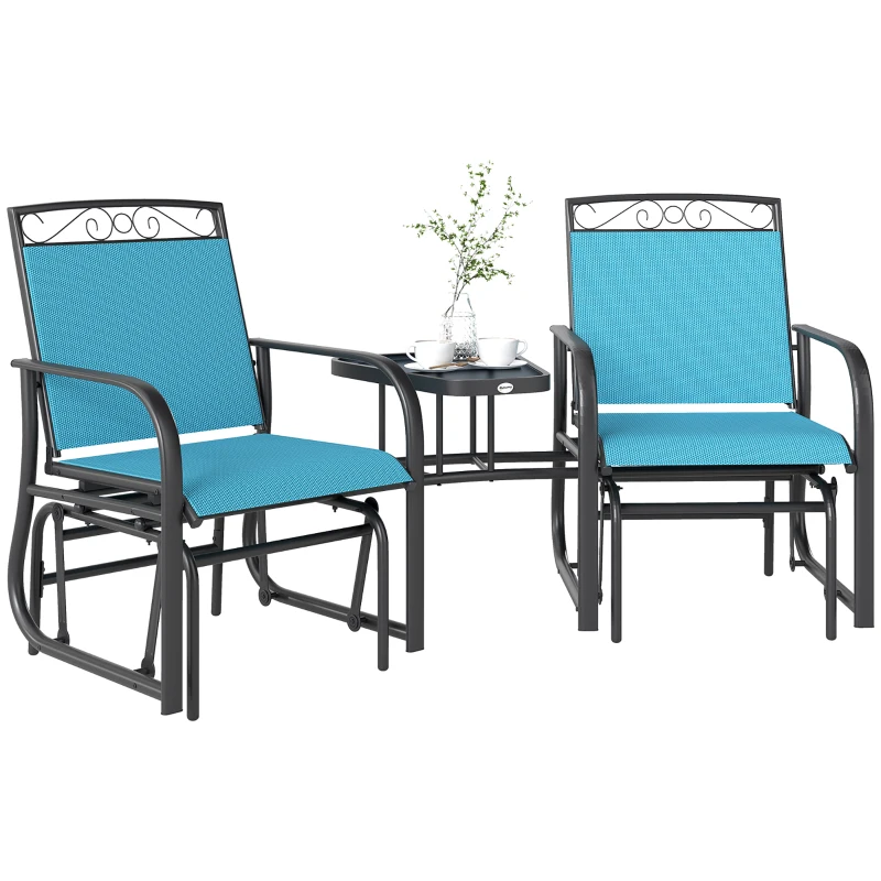 Outsunny Outdoor Glider Chairs with Coffee Table, Patio 2-Seat Rocking Chair Swing with Breathable Sling for Backyard, Blue