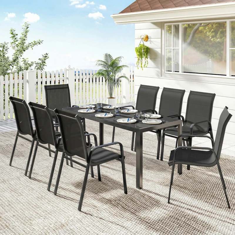 Outsunny 9 Pieces Patio Set with Stackable Chairs, Patio Dining Set with Glass Top for Garden, Patio, Backyard, Black