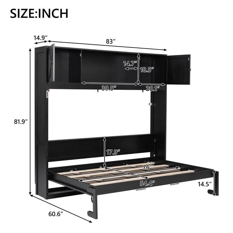 Space-Saving Full Size Murphy Bed with Fold-Down Design, Sturdy Storage Bed with 3 Upper Cabinets, 83" L x 60.5" W x 82" H, Black