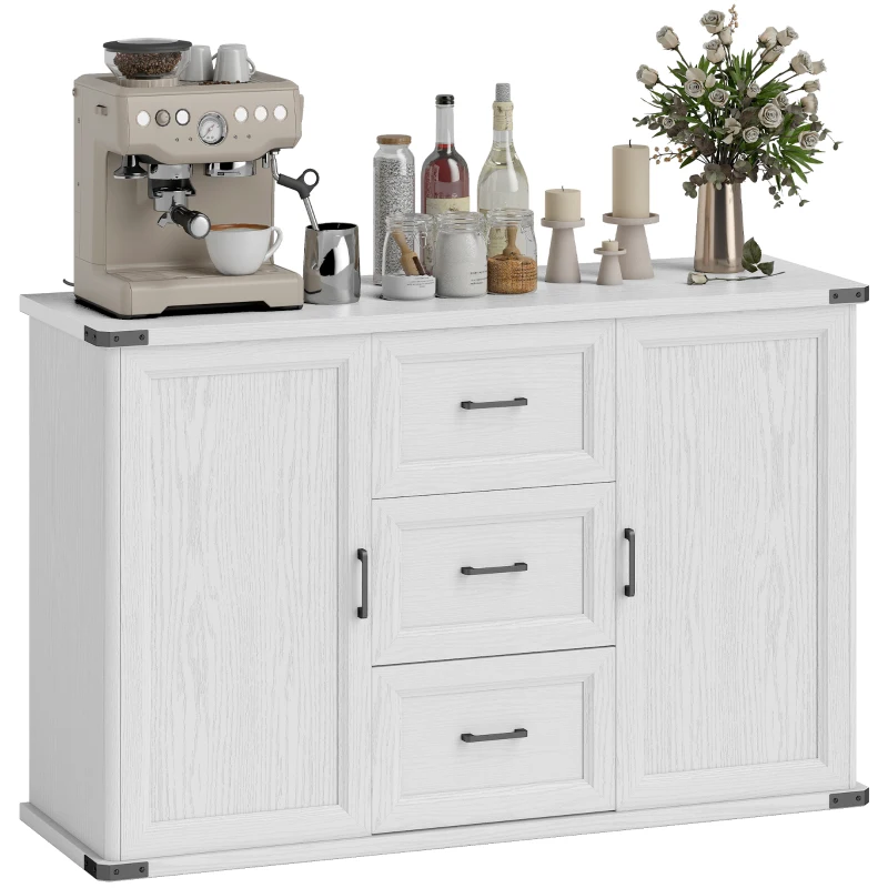 HOMCOM Sideboard with 3 Drawers and 2 Doors, 47" Buffet Cabinet with Adjustable Shelves for Kitchen, White Wood Grain