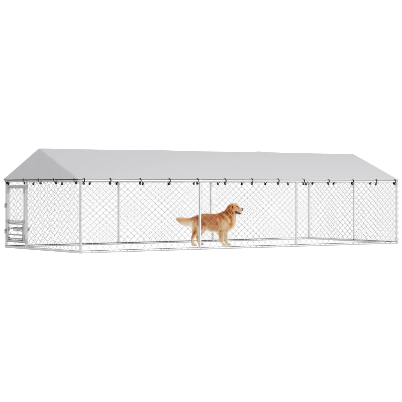 PawHut Dog Kennel Outdoor Dog Run Waterproof UV-Resist Cover Lockable Door Adjustable Bowls 20 x 7.5 x 5ft