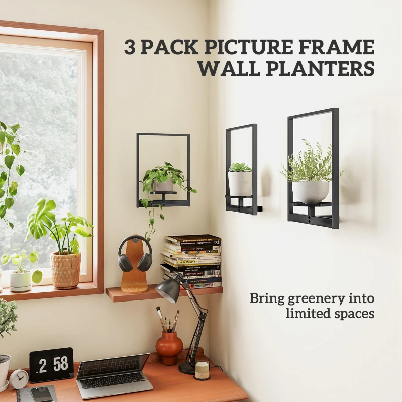 Outsunny 3 Pack Wall Planters for Indoor Plants, Wall-Mounted Metal Plant Stand Shelves, Picture Frame Wall Decor Hanger