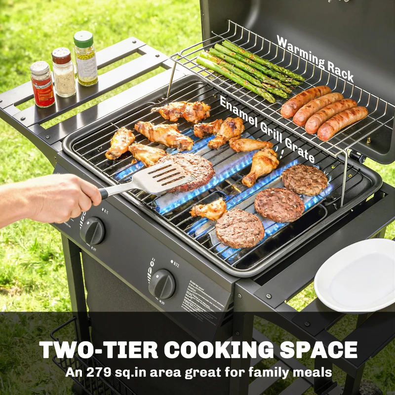 Outsunny 2 Burner Propane Gas Grill, 18000 BTU BBQ Grill with Wheels, Warming Rack, Shelf, Thermometer, Grease Cup, Black