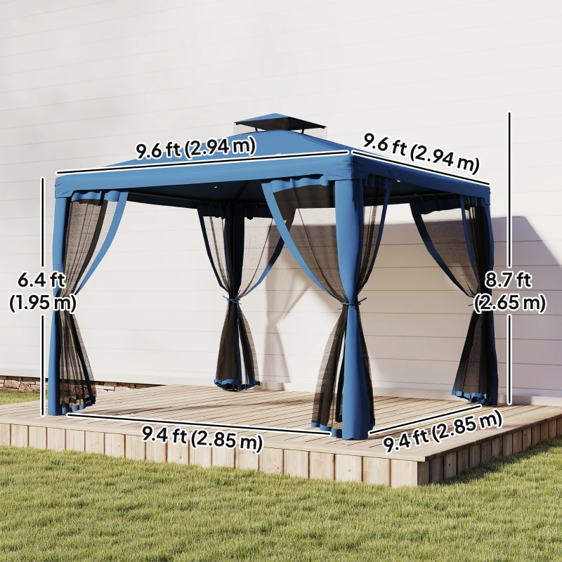 Outsunny 9.6' x 9.6' Patio Gazebo Outdoor Pavilion 2 Tire Roof Canopy Shelter Garden, Steel Frame w/ Mosquito Netting, Dark Blue