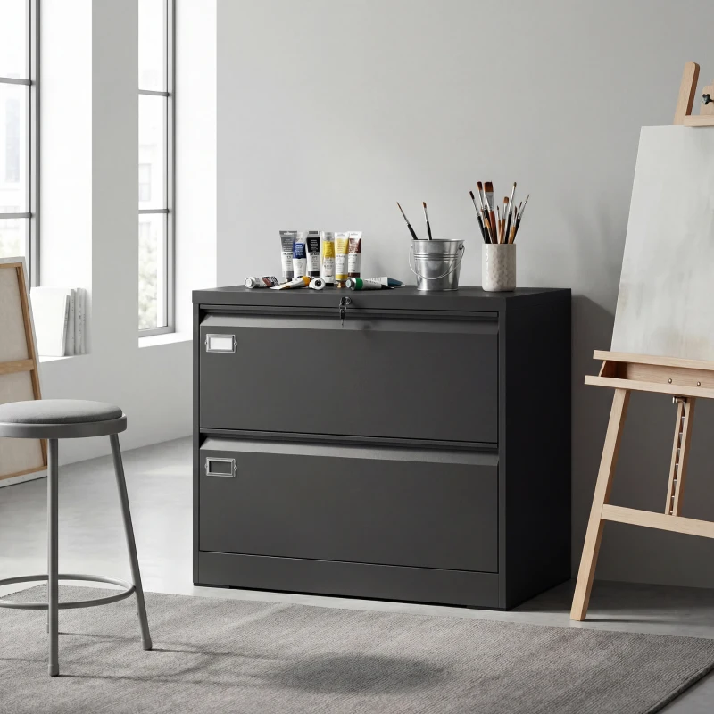HOMCOM Lateral Filing Cabinet with 2 Drawers, Lockable Steel File Cabinet for A4/Letter/Legal Size Files, Black