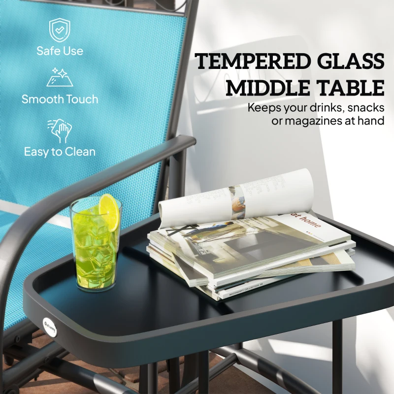 Outsunny Outdoor Glider Chairs with Coffee Table, Patio 2-Seat Rocking Chair Swing with Breathable Sling for Backyard, Blue
