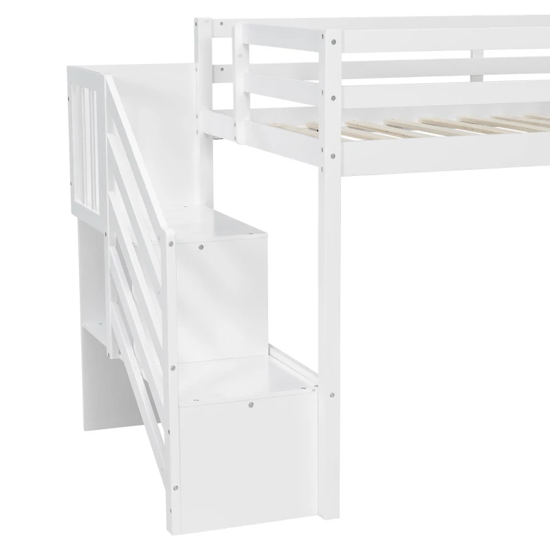 Stylish Twin Loft Bed with Storage Staircase and Window, Sturdy Bunk Bed with Full-Length Guardrails, 95" L x 41.5" W x 50" H, White