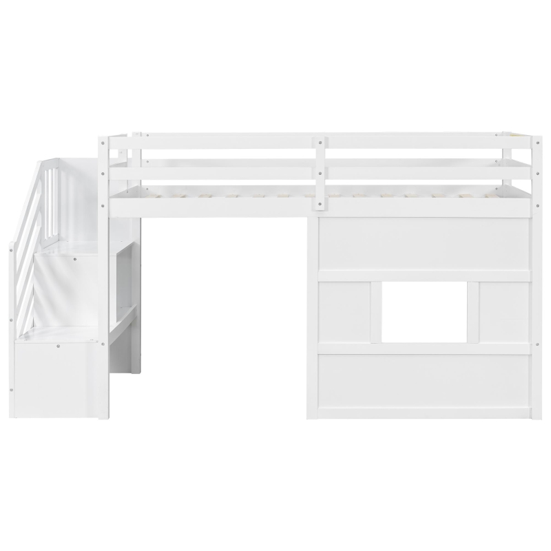 Stylish Twin Loft Bed with Storage Staircase and Window, Sturdy Bunk Bed with Full-Length Guardrails, 95" L x 41.5" W x 50" H, White