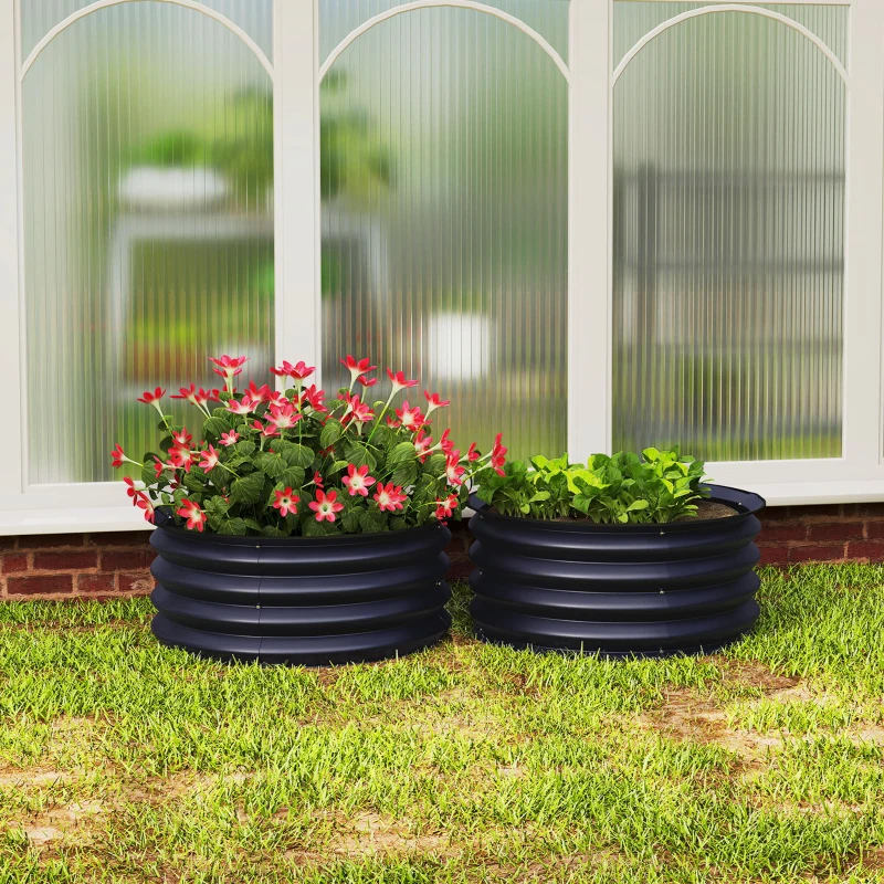 Outsunny Set of 2 Raised Garden Bed, Metal Planter Box with Safety Edging, Easy-to-assemble Stock Tank, Dark Grey