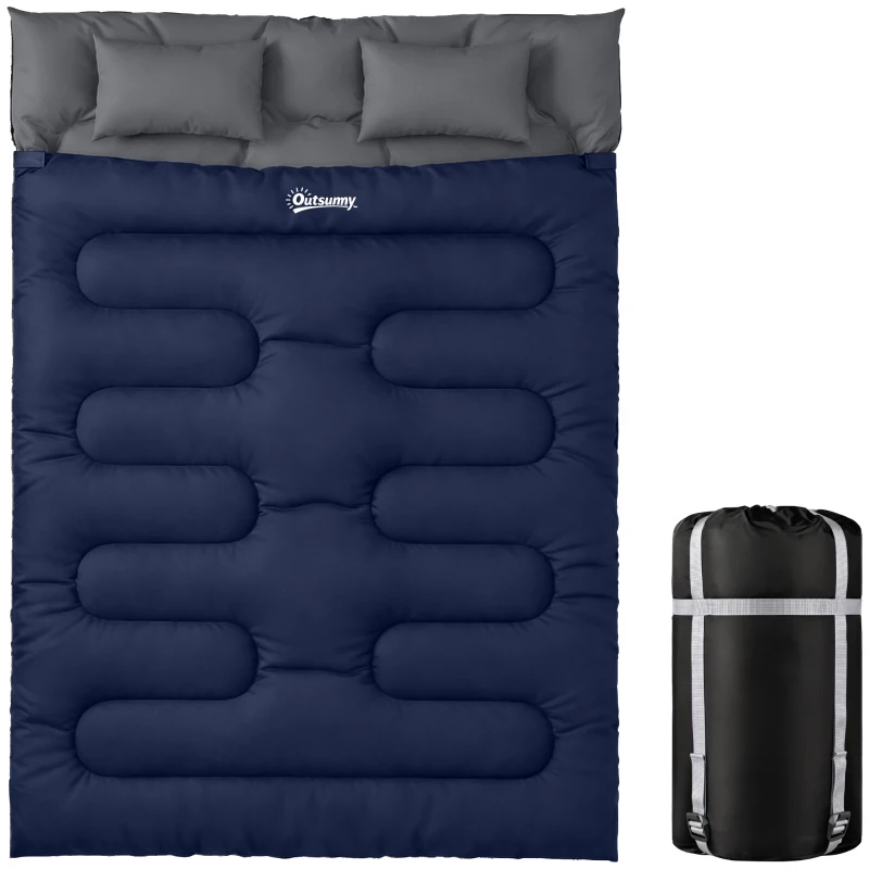 Outsunny Double Sleeping Bag for Adults, Queen Size 2 Person Sleeping Bag with 2 Pillows, for Cold Weather & Warm, Blue