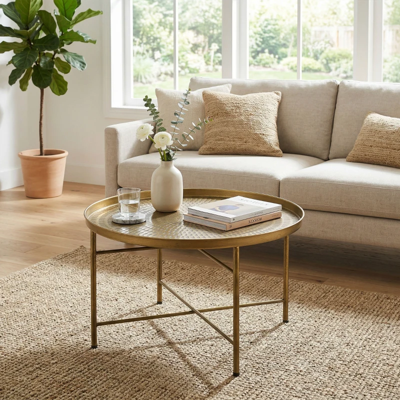 HOMCOM Vintage Coffee Table for Living Room, 24" Round Center Table with Hammered Tray Top and Metal Frame, Gold