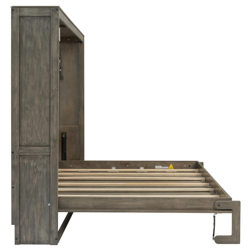 Queen Size Brown Murphy Bed with Smooth Hydraulic Lift, Space‑Saving Fold‑Down Unit with Wood Slat Support, 88'' L x 67'' W x 68.5'' H, Brown