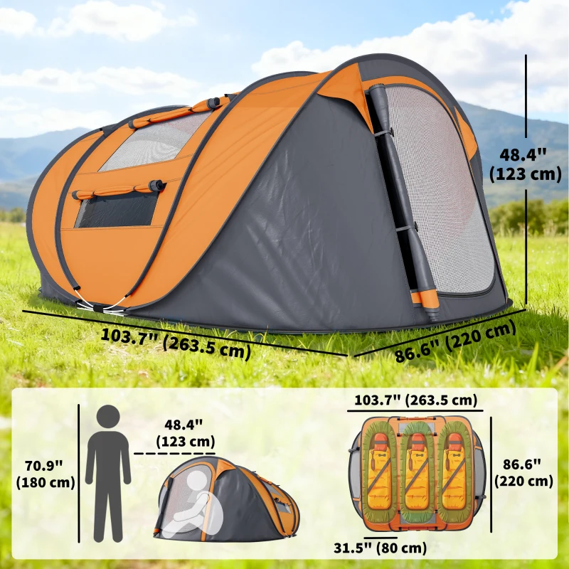 Outsunny 4 Person Camping Tent, Easy Pop Up Tent with Doors, Windows and Carry Bag, Automatic Setup Tent for Hiking, Orange