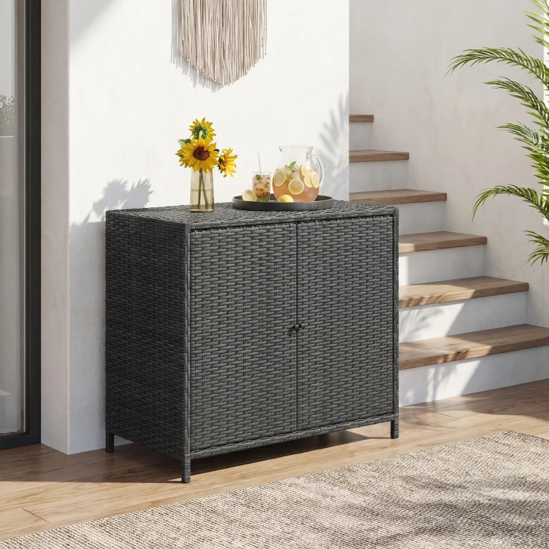 Outsunny Wicker Outdoor Storage Cabinet Double Magnetic Doors, PE Rattan Outdoor Towel Rack for Pool, Patio, Dark Grey