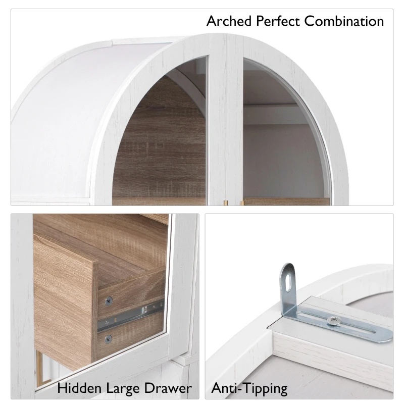 Arched Kitchen Pantry Cabinet with Large Hidden Drawer, Glass-Door Storage with Soft-Close Hinges, 30'' L x 15.5'' W x 71'' H, White