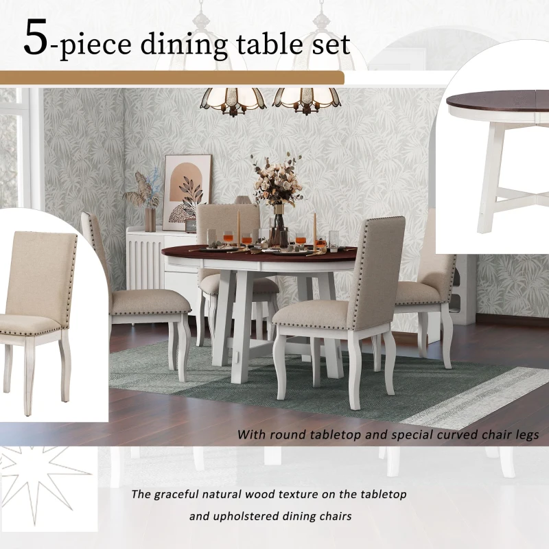 Farmhouse Dining Set with Upholstered High-Back Chairs, Sturdy Side Chair Set for Living Room, 58" L x 42" W x 30" H, Beige+Off White+Walnut