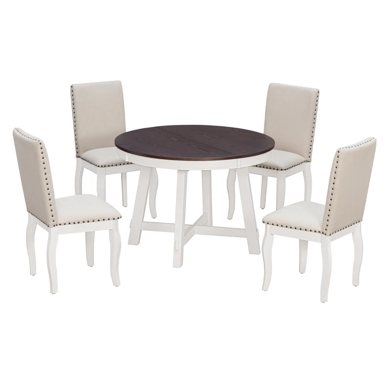 Farmhouse Dining Set with Upholstered High-Back Chairs, Sturdy Side Chair Set for Living Room, 58" L x 42" W x 30" H, Beige+Off White+Walnut