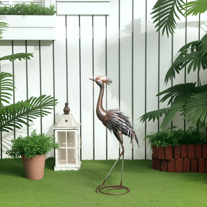 Outsunny Garden Statue Heron Standing Lawn Sculpture Statue Ornament with Stakes for Lawn 12.2"W x 7.1"D x 28"H Silver Tone