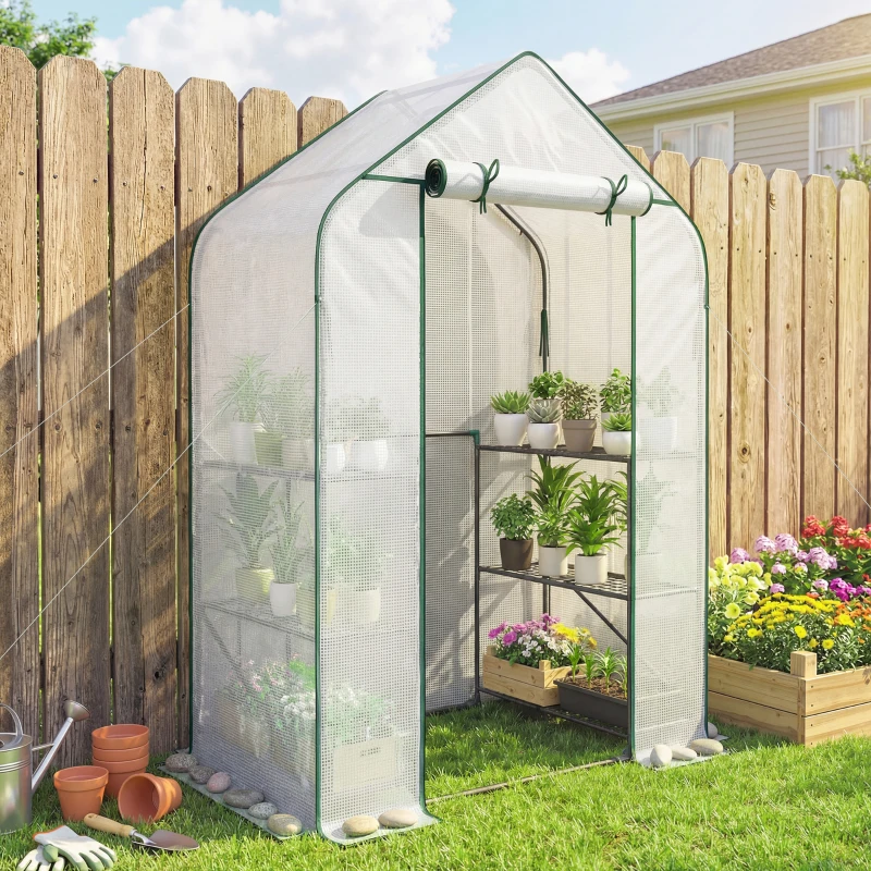Outsunny Greenhouse for Outdoors, Portable Greenhouse with 6 Shelves, UV-Resistant PE Cover, Roll-Up Door, White
