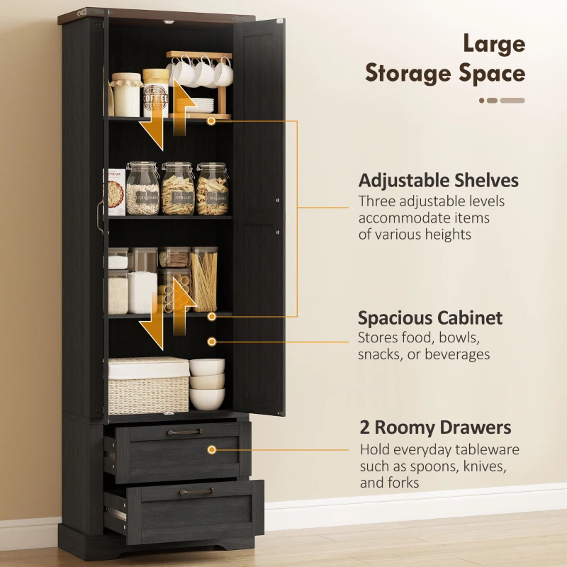 HOMCOM 71" Tall Kitchen Pantry Cabinet, Farmhouse Kitchen Storage Cabinet with 2 Drawer and Adjustable Shelves, Black