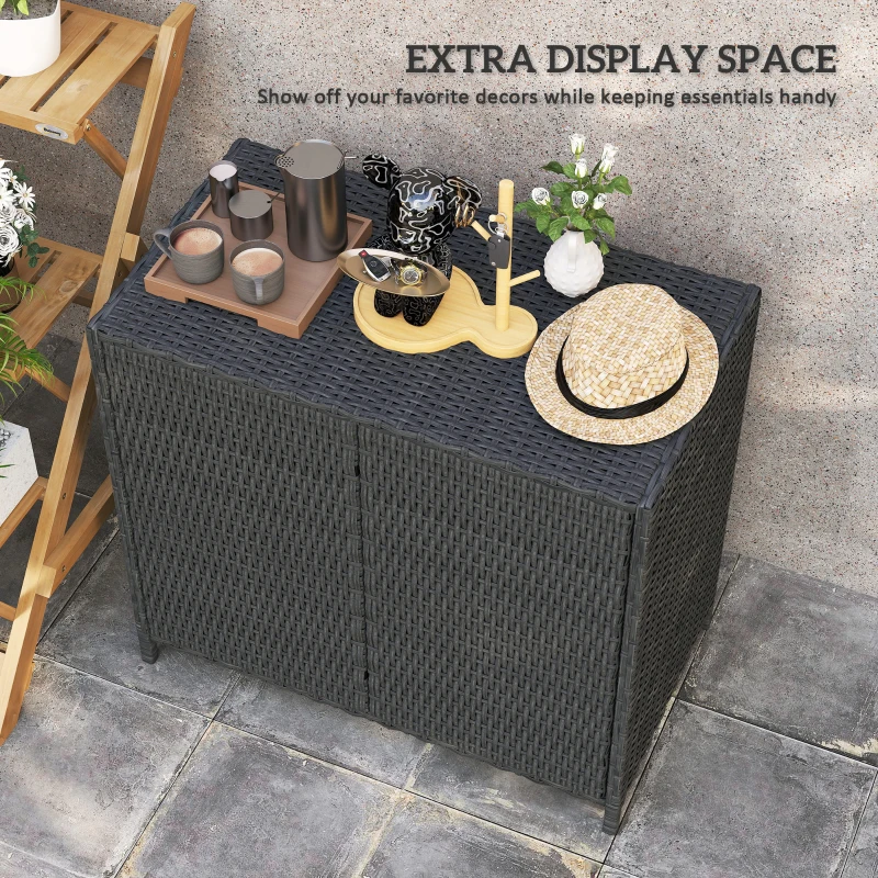 Outsunny Wicker Outdoor Storage Cabinet Double Magnetic Doors, PE Rattan Outdoor Towel Rack for Pool, Patio, Dark Grey