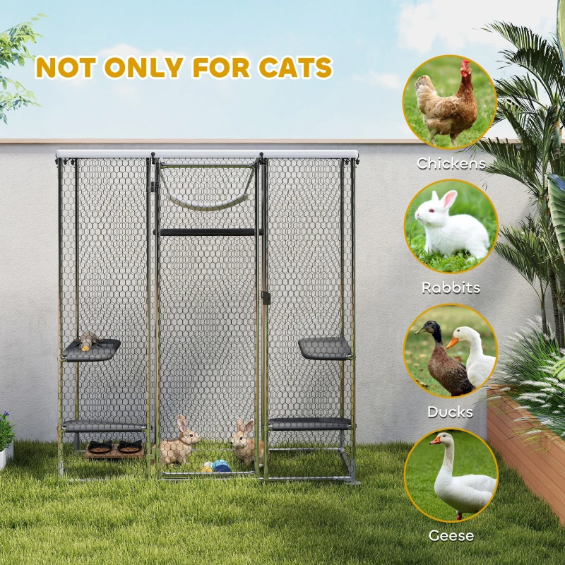 PawHut Catio Outdoor Cat Enclosure, Galvanized Steel Walk-in Cat Cage with Waterproof Cover, 5 Adjustable Platforms, Hammock