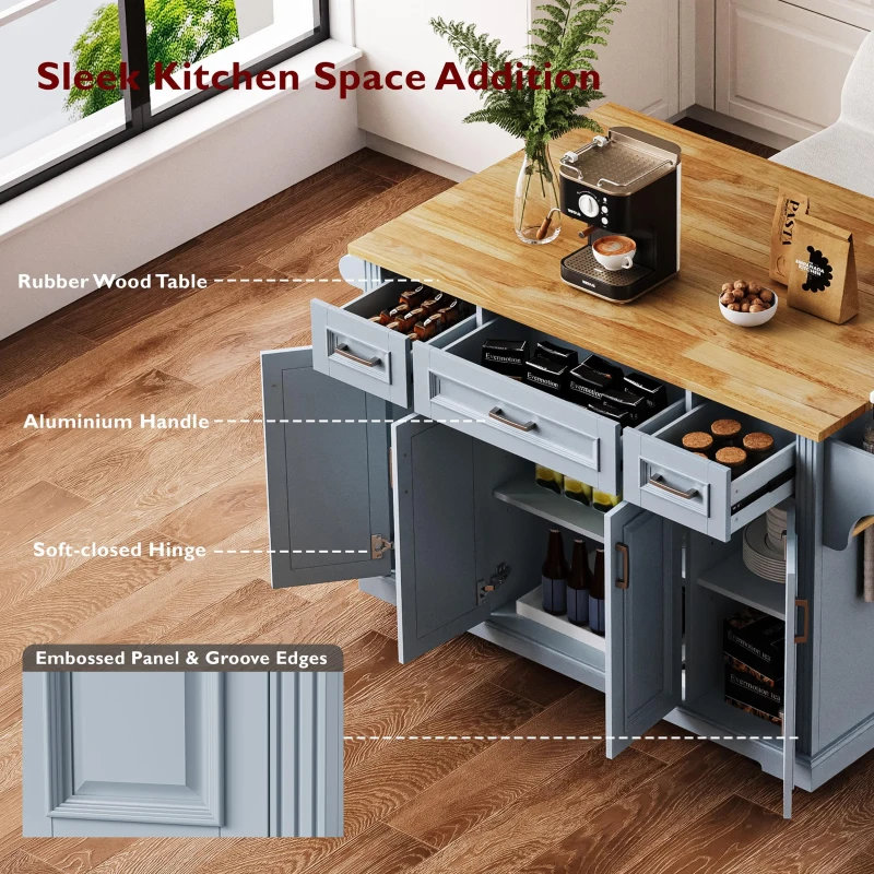 Rolling Kitchen Island with 4 Doors and Adjustable Shelves, Versatile Cart for Kitchen or Dining Room, 54'' L x 29.5'' W x 36'' H, Grey+Blue