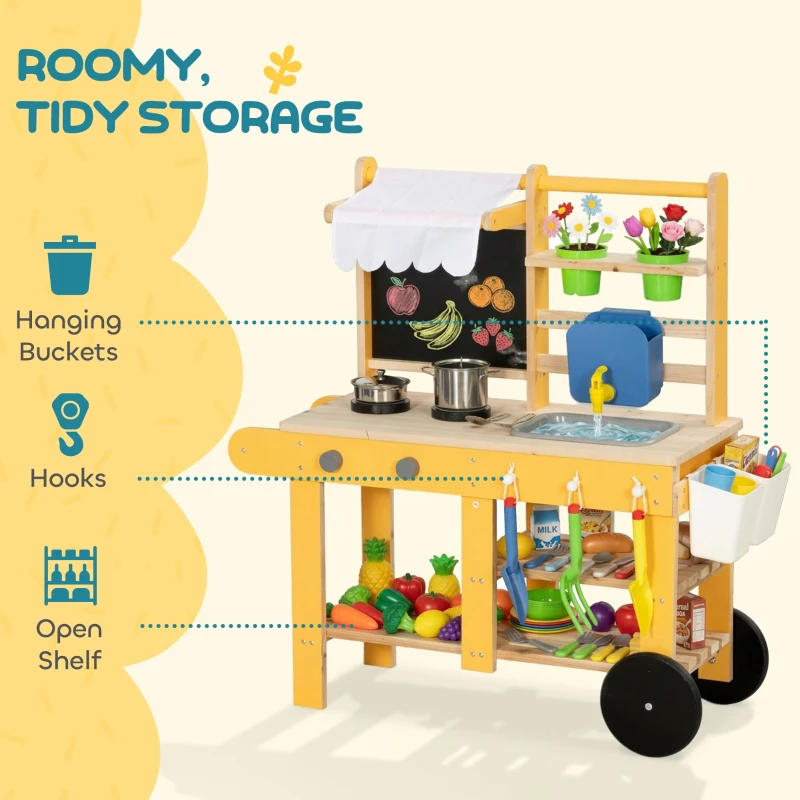 Qaba Mud Kitchen for Kids Outdoor with Wheels, Wooden Play Kitchen with Sink, Storage, Planting Pots, Blackboard, Yellow