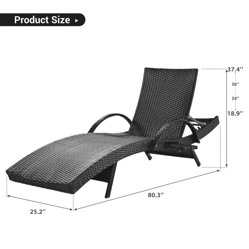 Set of 2 Outdoor Lounge Chairs with Pull‑Out Side Table, Ergonomic Recliners with 5‑Level Adjustable Backrest, 80'' L x 27'' W x 36'' H, Black