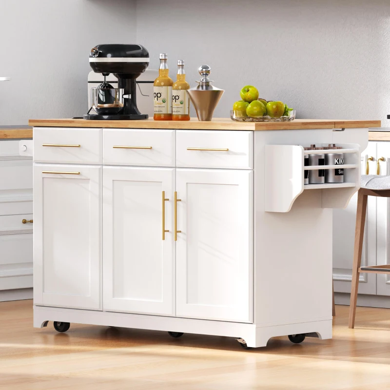 Rolling Kitchen Island with Drop-Leaf Rubberwood Top, Versatile Storage Cart for Contemporary Homes, 59.5'' L x 29.5'' W x 35.5'' H, White