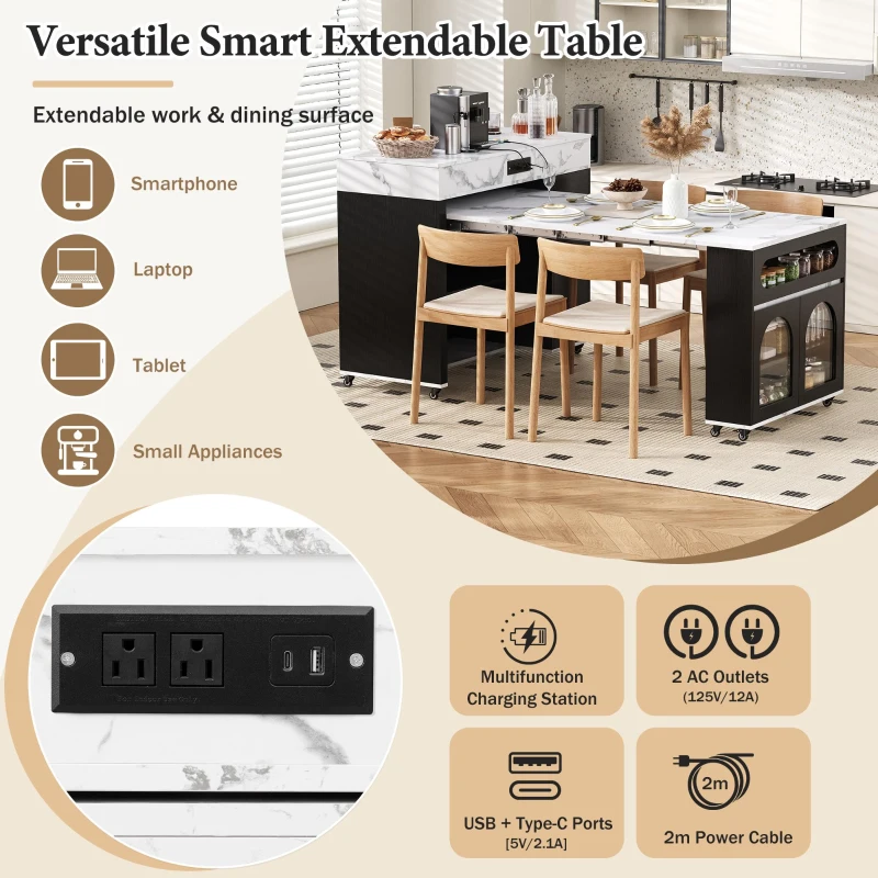 Extendable Rolling Kitchen Island with Folding Top, Versatile Kitchen Cart with Windows, 74" L x 43.5" W x 37.5" H, Black+White Marble