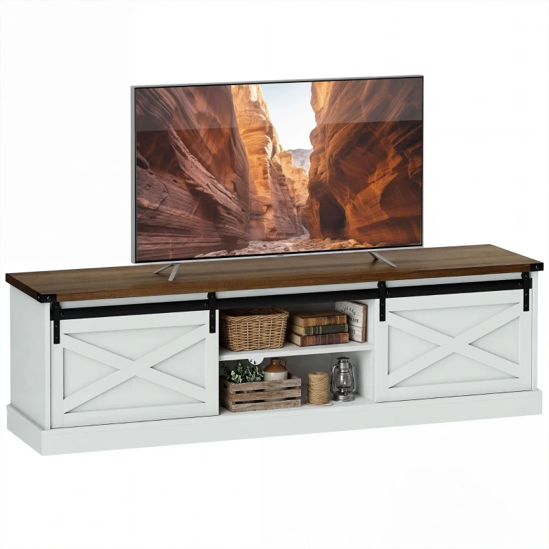 HOMCOM TV Stand for TVs up to 65 Inch, Entertainment Center with Shelves, Cabinets, Sliding Barn Doors, Thick Top, White