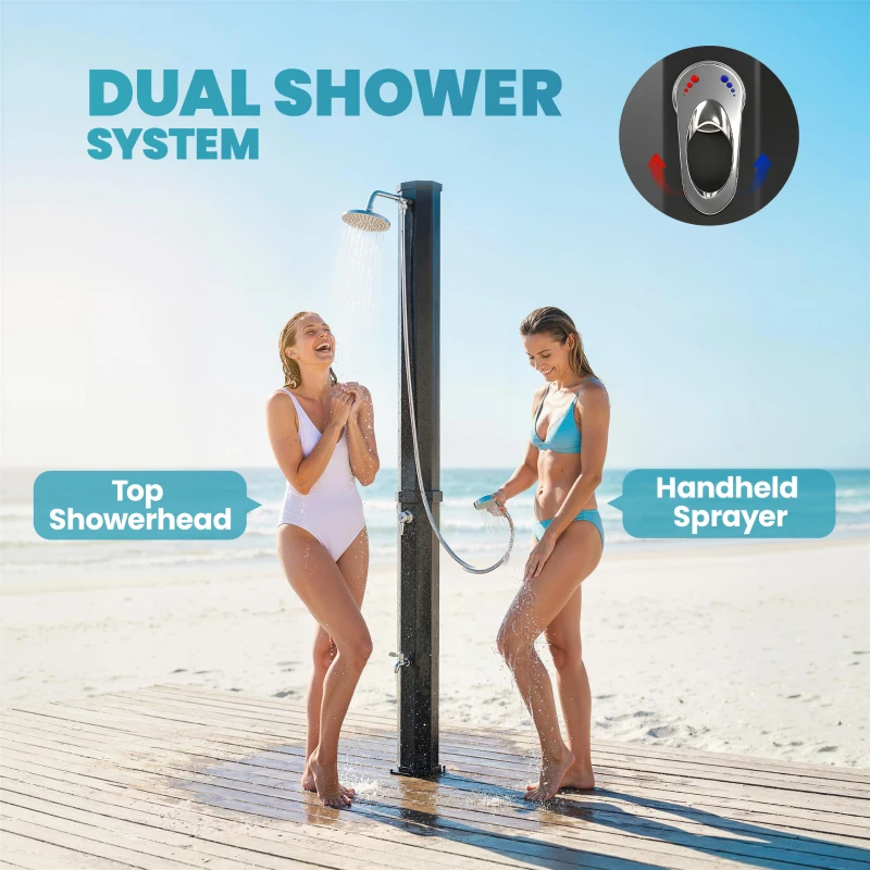 Outsunny 16 Gal Solar Heated Shower, 7.4 FT Outdoor Shower with 2 Shower Heads, Adjustable Temperature, Foot Faucet