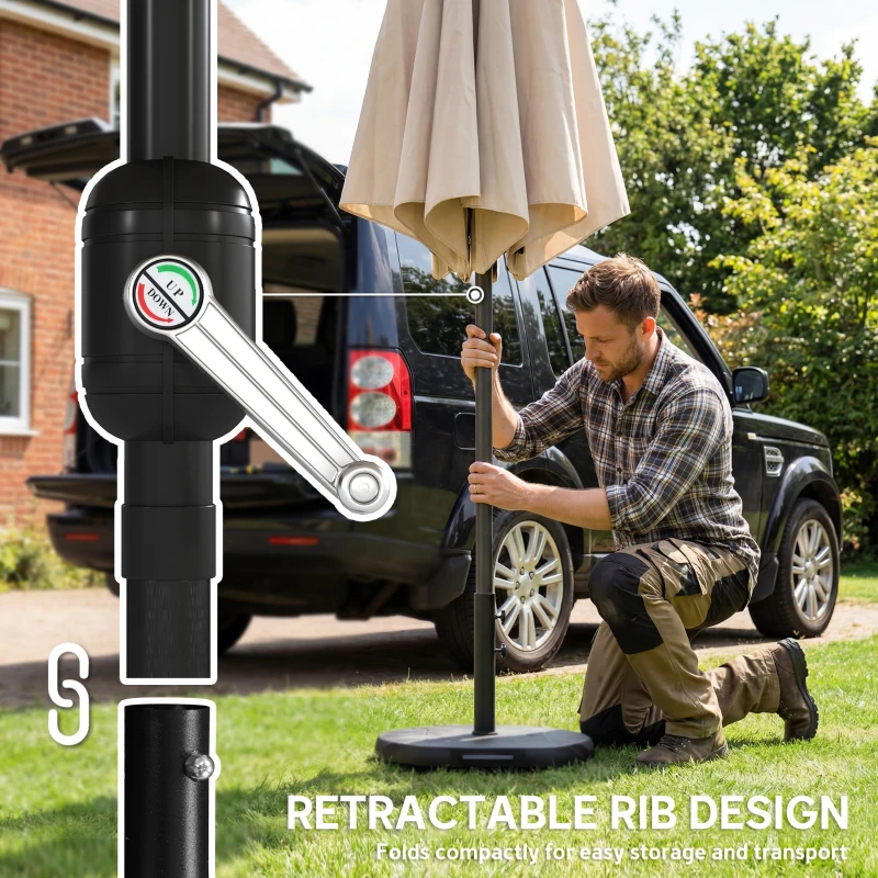 Outsunny 10' x 10' Round Market Umbrella with Base and Sandbag, Patio Umbrella with Crank Handle and Tilt, Khaki