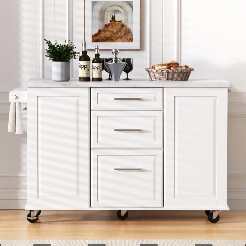 Rolling Kitchen Island with 2‑Tier Pull-Out Organizer, Versatile Storage Cabinet for Open-Plan Kitchens, 50.5'' L x 26.5'' W x 35.5'' H, White