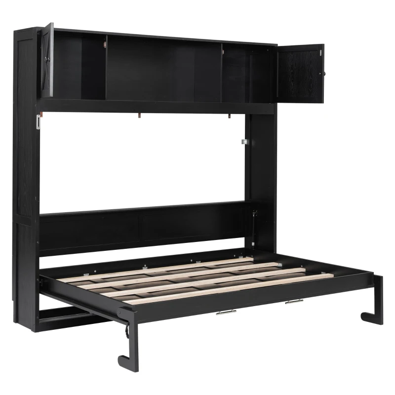 Stylish Murphy Bed with Storage Cabinets and X-Style Accent, Space-Saving Wall Bed with MDF Construction, 88" L x 67" W x 88.5" H, Black