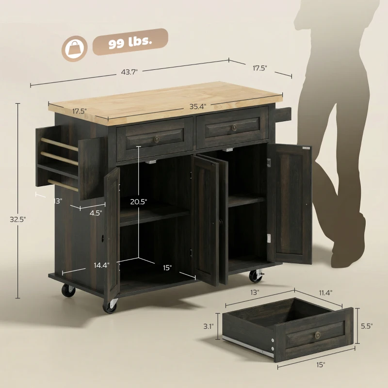 HOMCOM 44" Mobile Kitchen Island Table, Kitchen Island Cart on Wheels with Storage Cabinets, 2 Drawers, Brown