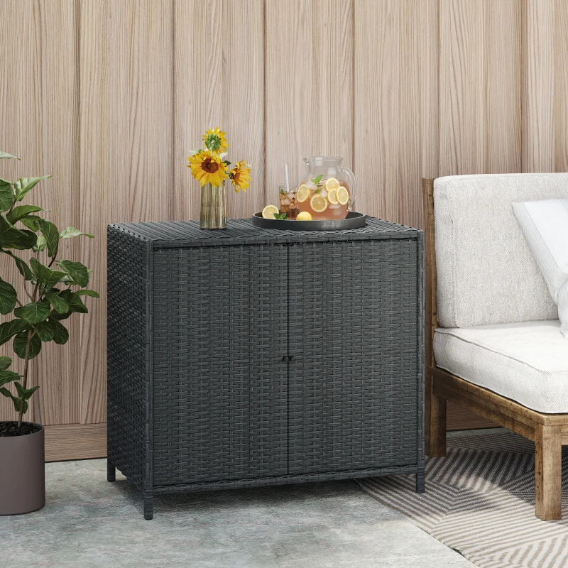Outsunny Wicker Outdoor Storage Cabinet Double Magnetic Doors, PE Rattan Outdoor Towel Rack for Pool, Patio, Dark Grey