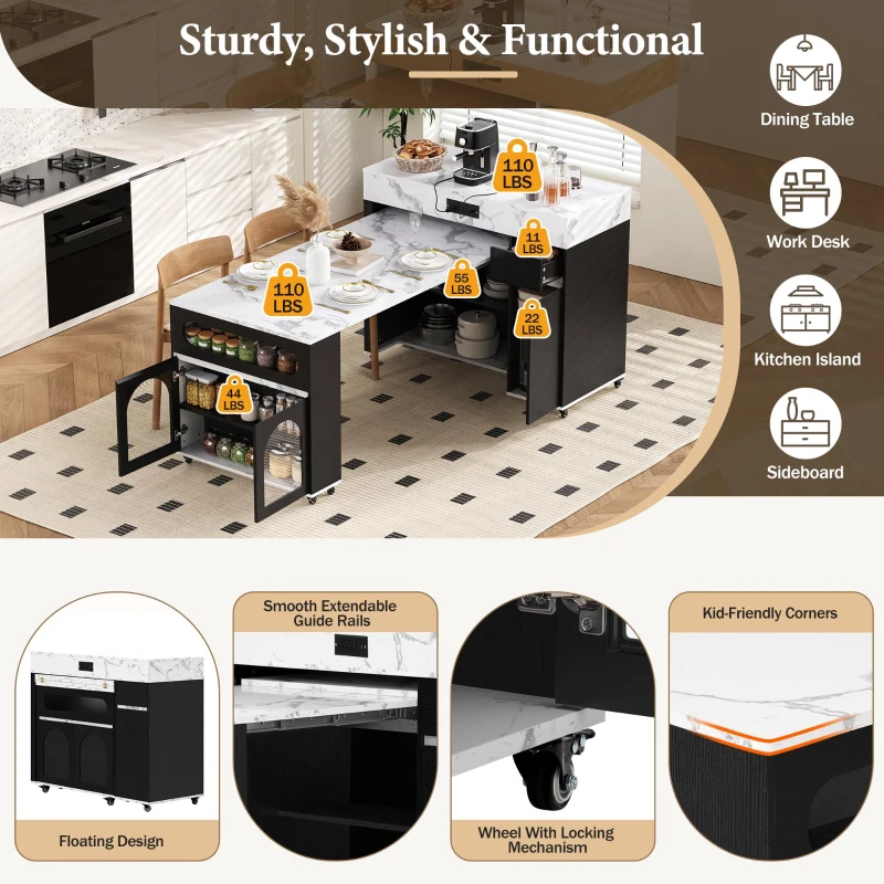 Extendable Rolling Kitchen Island with Folding Top, Versatile Kitchen Cart with Windows, 74" L x 43.5" W x 37.5" H, Black+White Marble