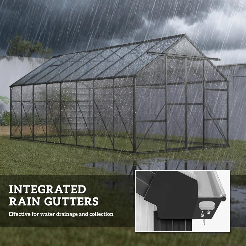 Outsunny Aluminum Greenhouse Polycarbonate Walk-in Garden Greenhouse Kit with Rain Gutter and Sliding Door, 16' x 8', Dark Grey