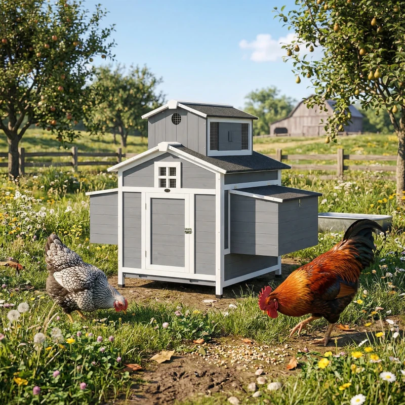 PawHut Chicken Coop for 2 Chickens, Wooden Hen House with Nesting Box, Pull-Out Tray, Ventilation Windows
