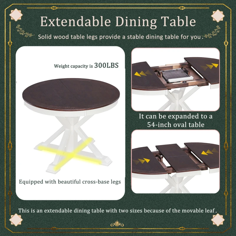 Extendable Dining Table Set with 4 Upholstered Chairs, Stylish Kitchen Table Set with Oak Veneer Top, 54" L x 42" W x 30" H, Off White+Walnut