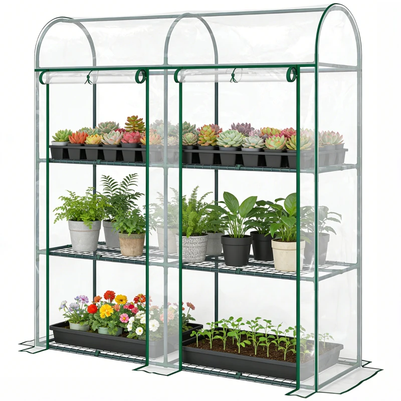 Outsunny 3 Tier Mini Greenhouse, Portable Greenhouse with 2 Roll-up Doors, 56.3" x 18.1" x 64.6", Clear