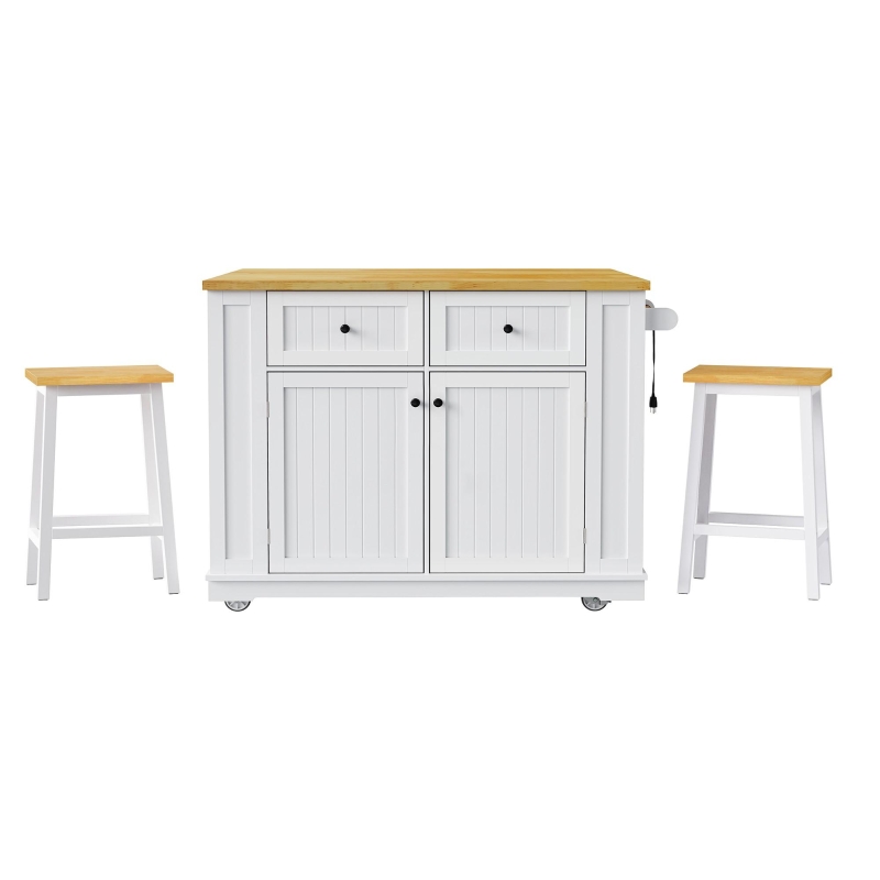 Stylish Island Set with Built-In 3 AC Outlets and 2 USB Ports, Kitchen Island and 2 Bar Stools for Dining Area, 48'' L x 29.5'' W x 36.5'' H, White