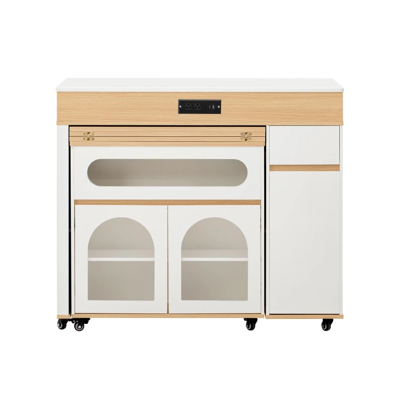 Extendable Rolling Kitchen Island with Folding Top, Versatile Kitchen Cart with Windows, 74" L x 43.5" W x 37.5" H, Creamy White+Natural