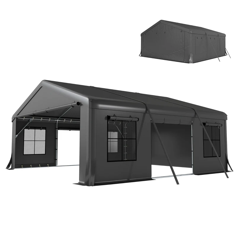 Outsunny 20' x 20' Heavy Duty Carport, Portable Garage Car Canopy Tent Shelter with 3 Roll-up Doors, 4 Windows, Dark Grey