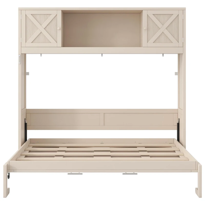 Space-Saving Full Size Murphy Bed with Fold-Down Design, Sturdy Storage Bed with 3 Upper Cabinets, 83" L x 60.5" W x 82" H, Beige