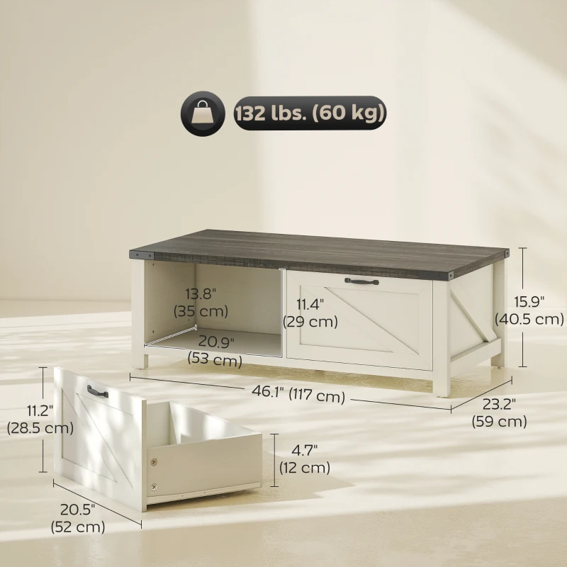 HOMCOM Farmhouse Coffee Table with Drawer, Open Storage Shelf for Living Room, Dining Room, Office, Distressed White