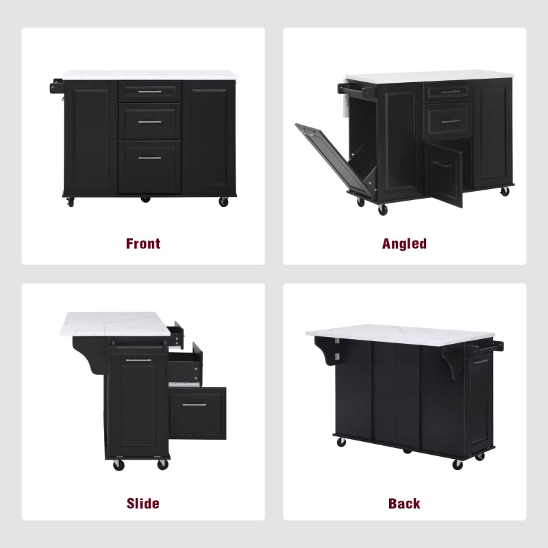 Versatile Kitchen Island with 2-Tier Pull-Out Organizer & 5 Casters, Rolling Kitchen Cart with Drop Leaf, 50.5'' L x 26.5'' W x 35.5'' H, Black