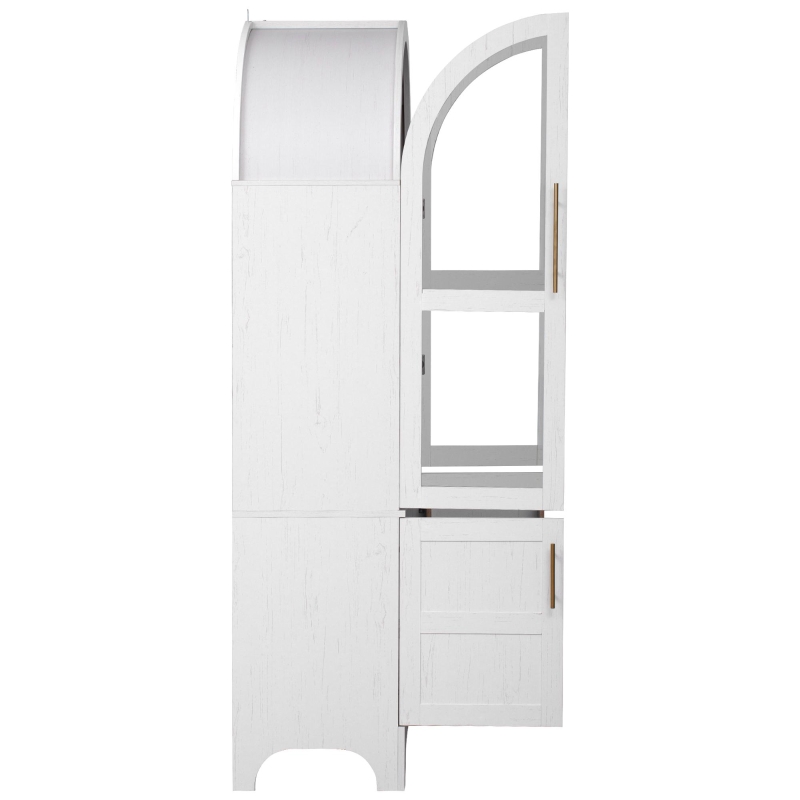 Arched Kitchen Pantry Cabinet with Large Hidden Drawer, Glass-Door Storage with Soft-Close Hinges, 30'' L x 15.5'' W x 71'' H, White